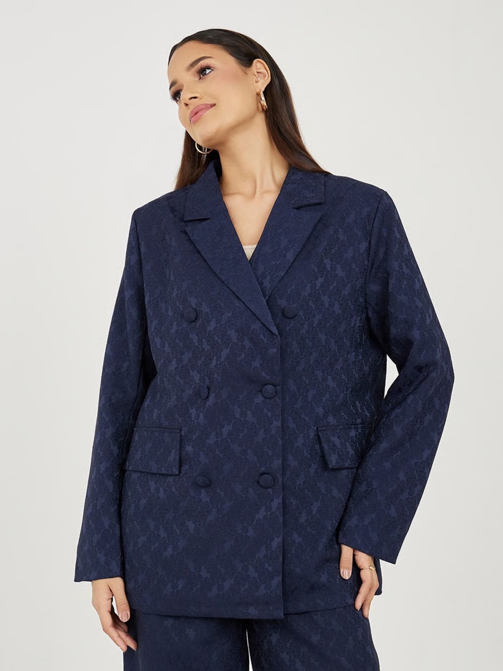 Tahari Navy Blue Jacquard Tailored Double Breasted Blazer Jacket Suit pants Set